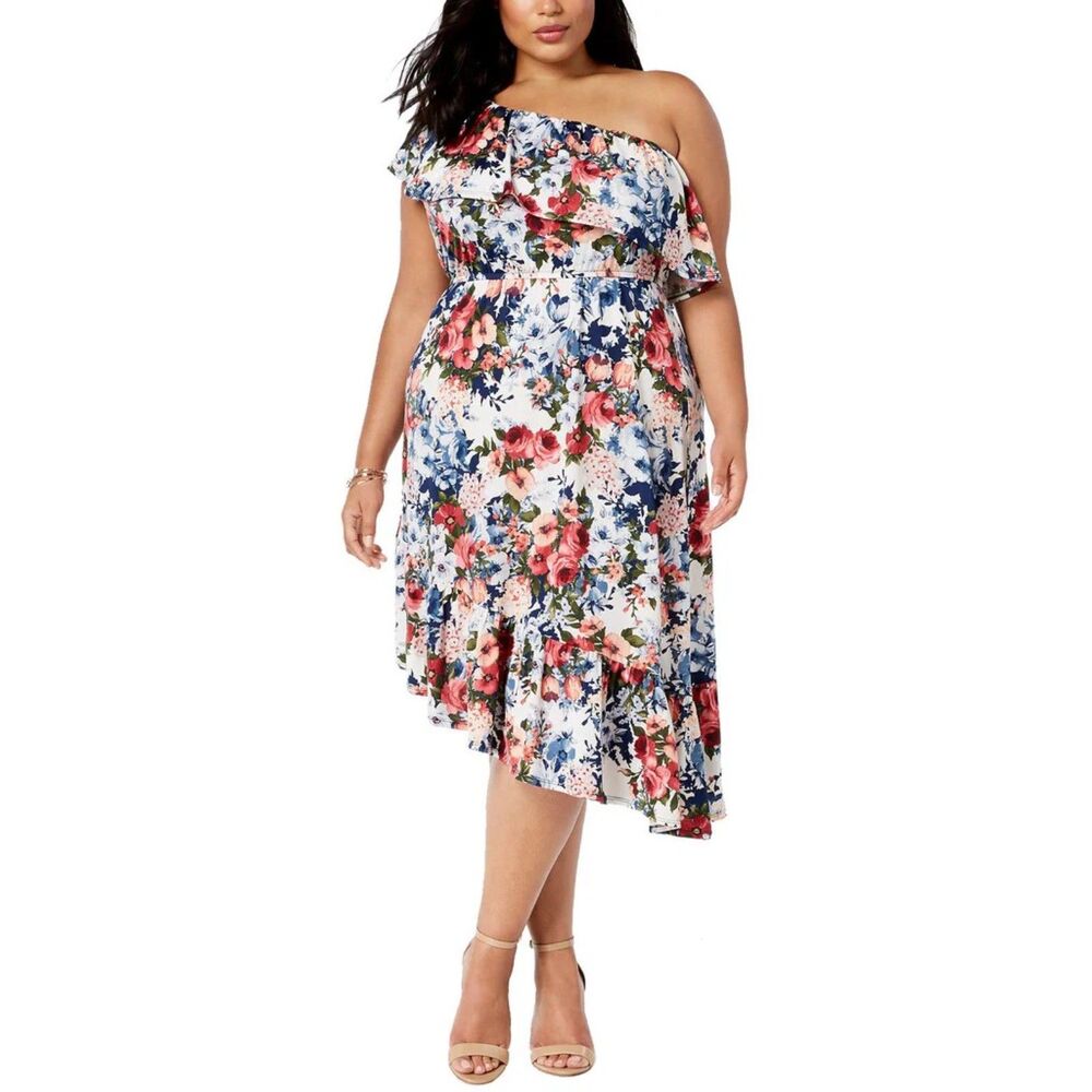 NY Collection Asymmetric Hem Floral One Shoulder Ruffle Midi Dress - Plus 2X NWT